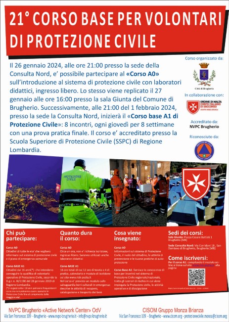 Manifesto 3° corso base volontari protezione civile brugherio